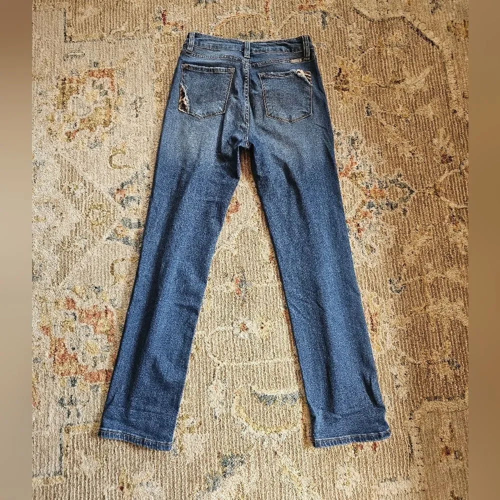 Kancan Distressed Jeans With Leapord Print, Sz 9/28 With 29